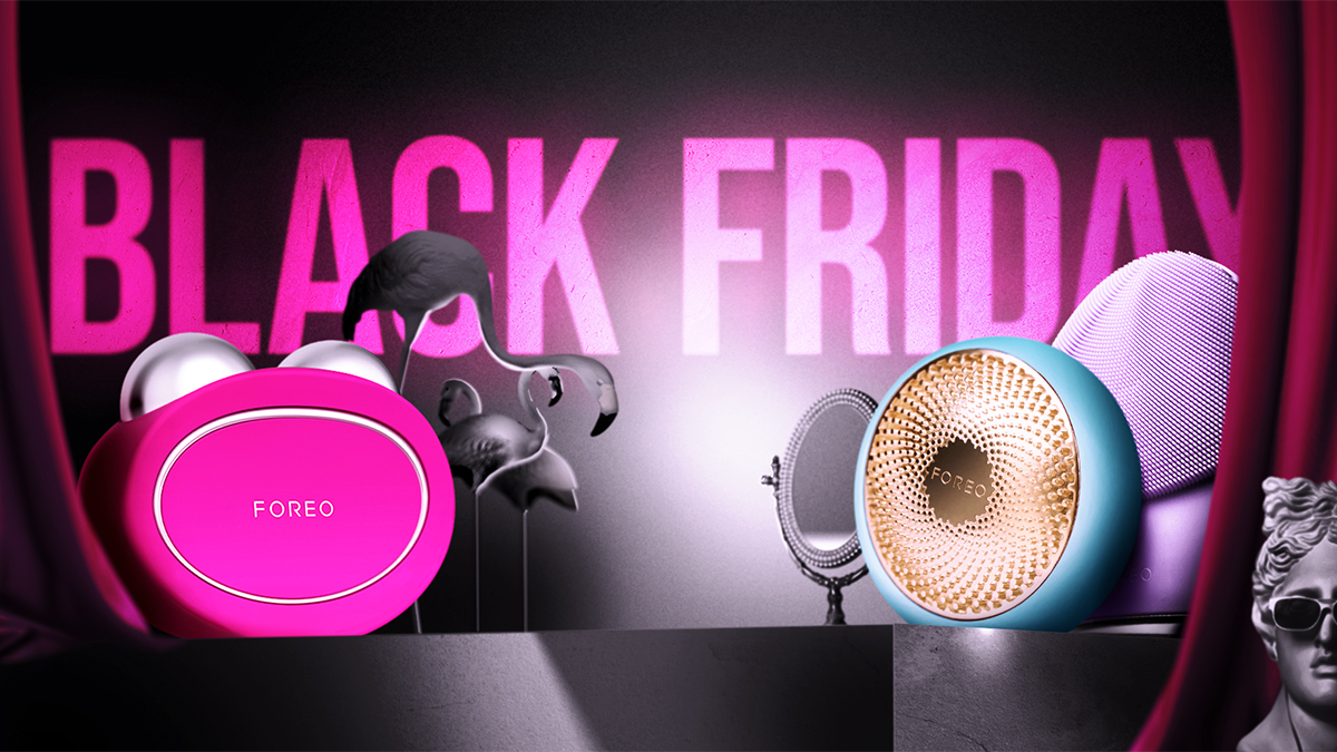 FOREO BEAR 2, UFO 3, and LUNA 4 in an abstract space with a mirror, a sculpture's head, and flamingos in front of a black background that says Black Friday written in pink letters