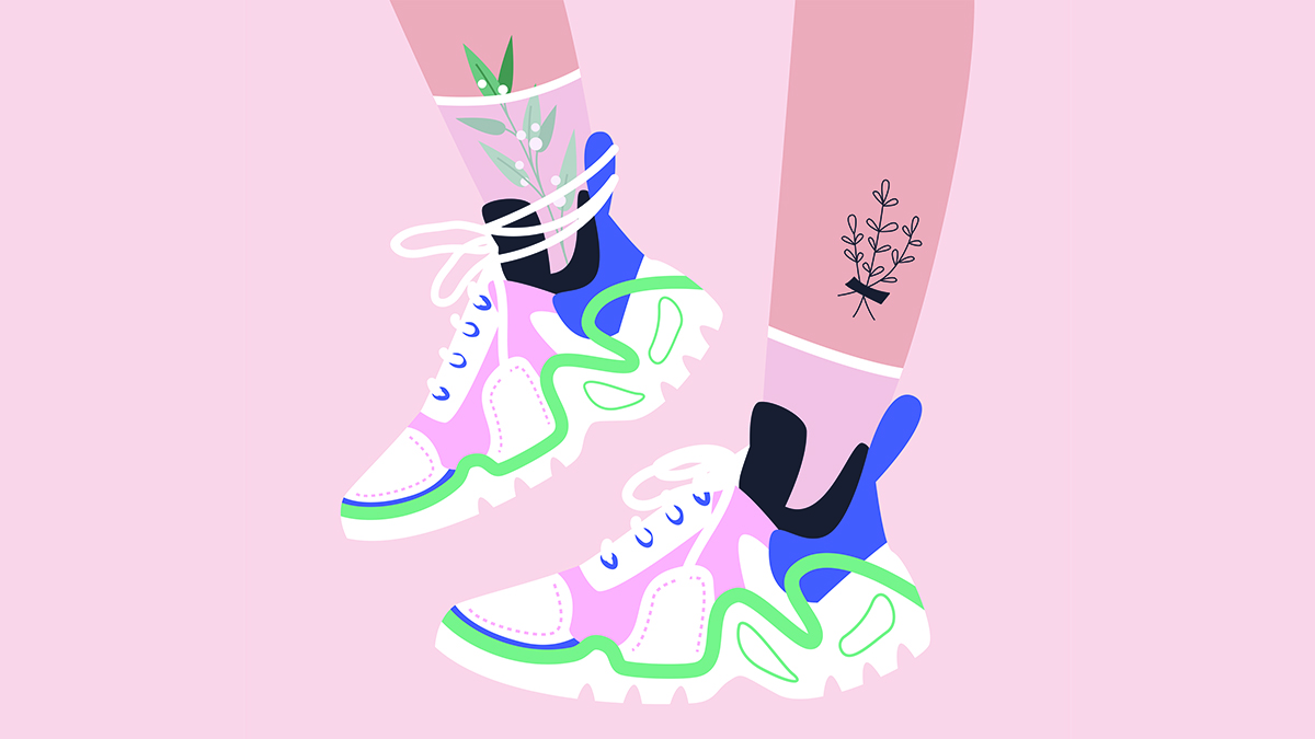The illustration of legs in trendy sneakers