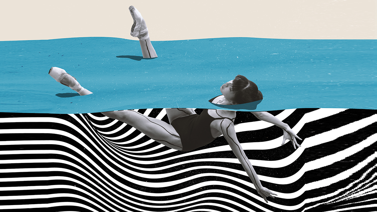 A ballerina floating in an illustrated sea of stripes