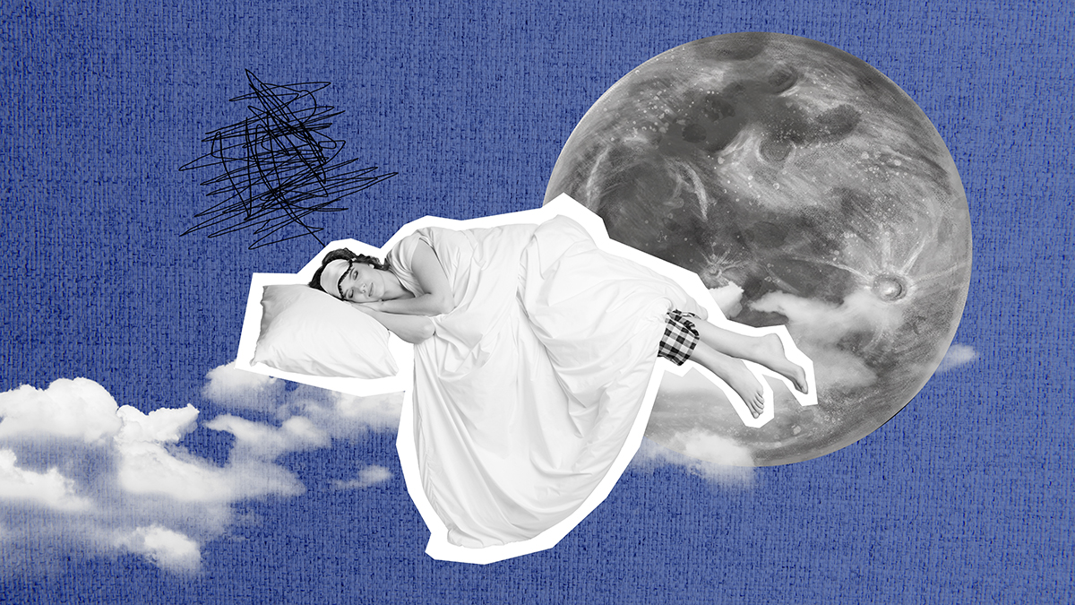 A collage picturing young woman sleeping in the clouds of a galaxy scenery