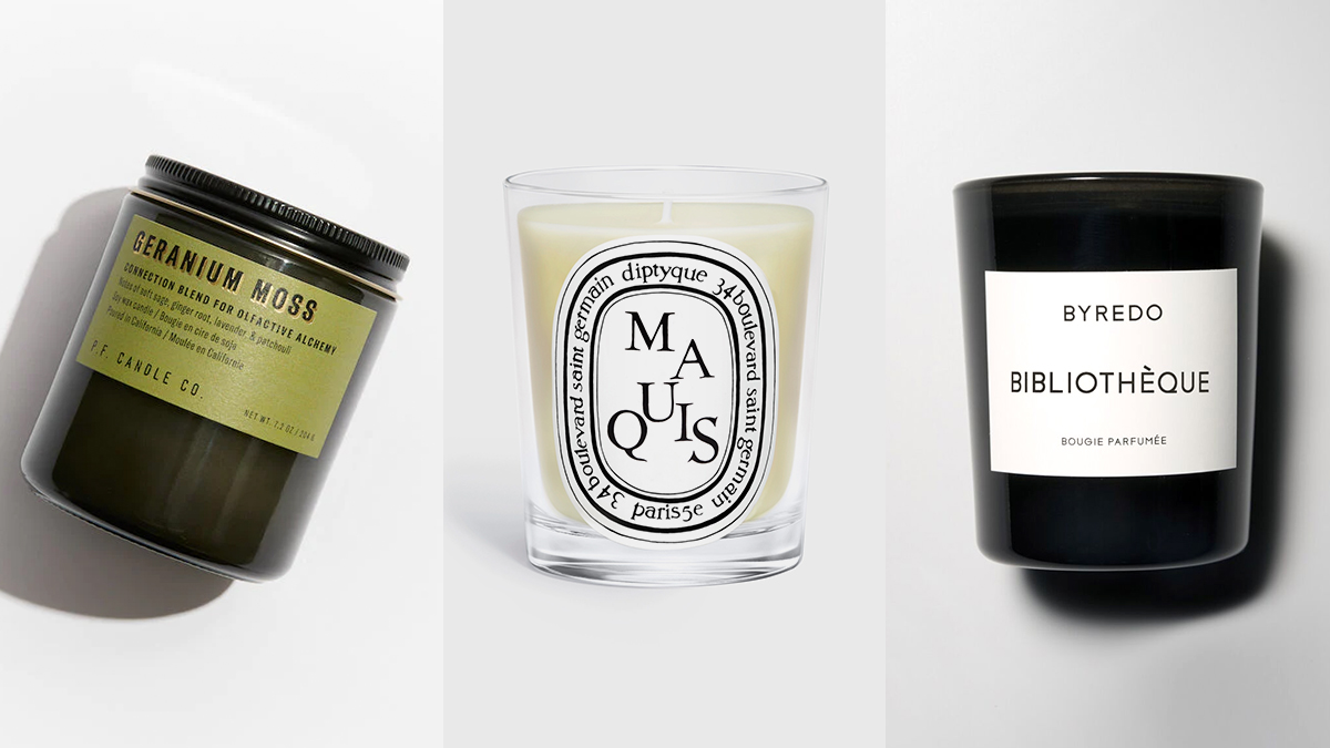 Scented candles in glass containers: P.F. Candle Co. Geranium Moss, Diptyque Maquis, Byredo Bibliotheque